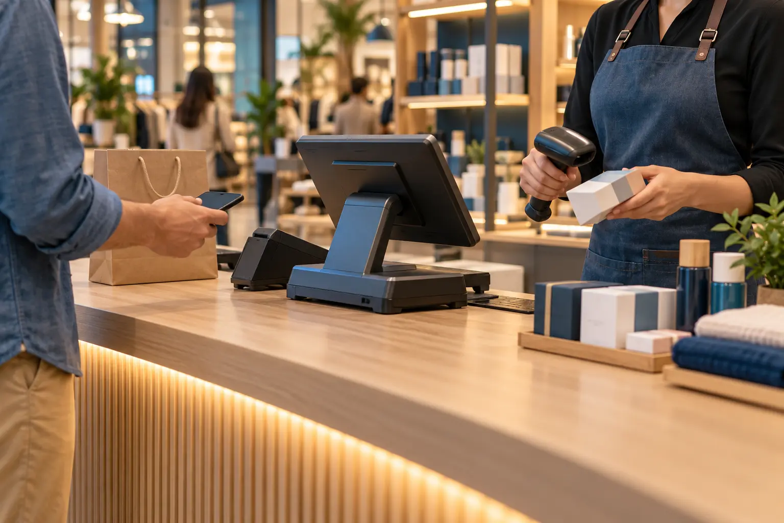 Punto de venta moderno con terminal y lector de códigos