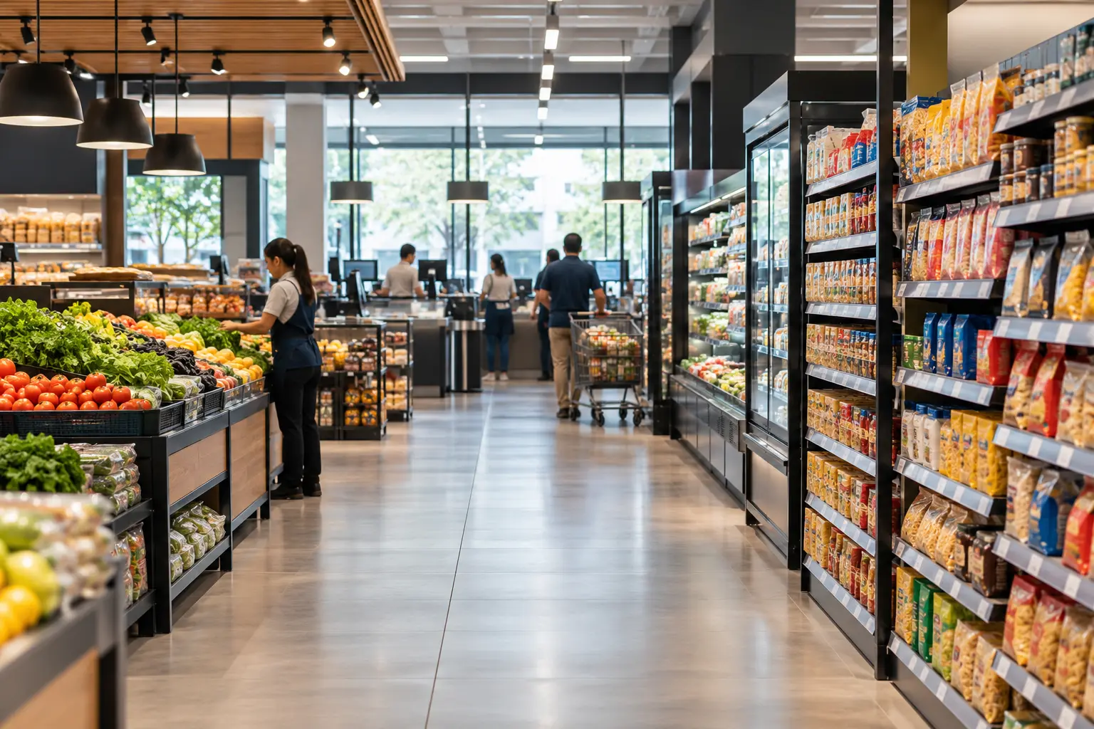 Supermercado moderno con góndolas, productos y área de cajas