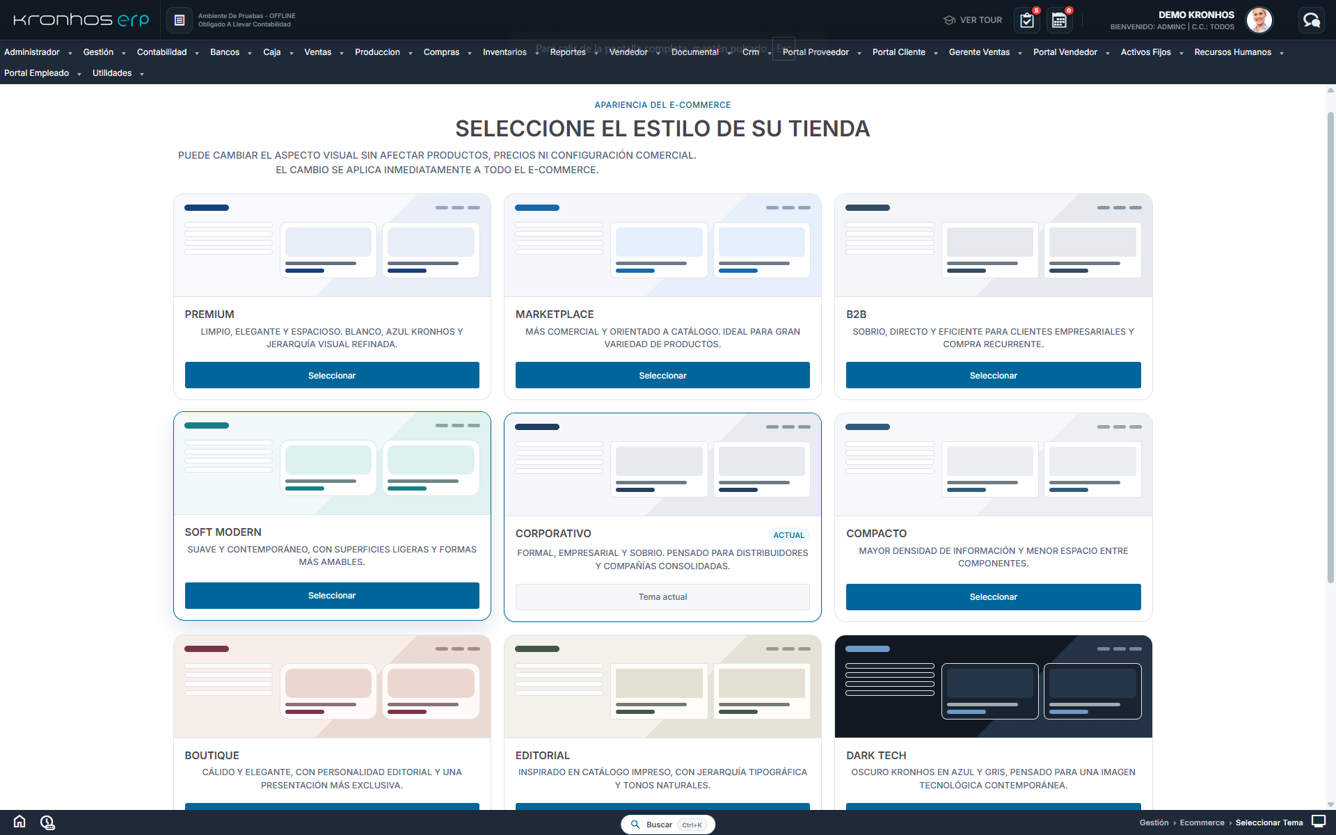 Selector de temas de Kronhos Ecommerce