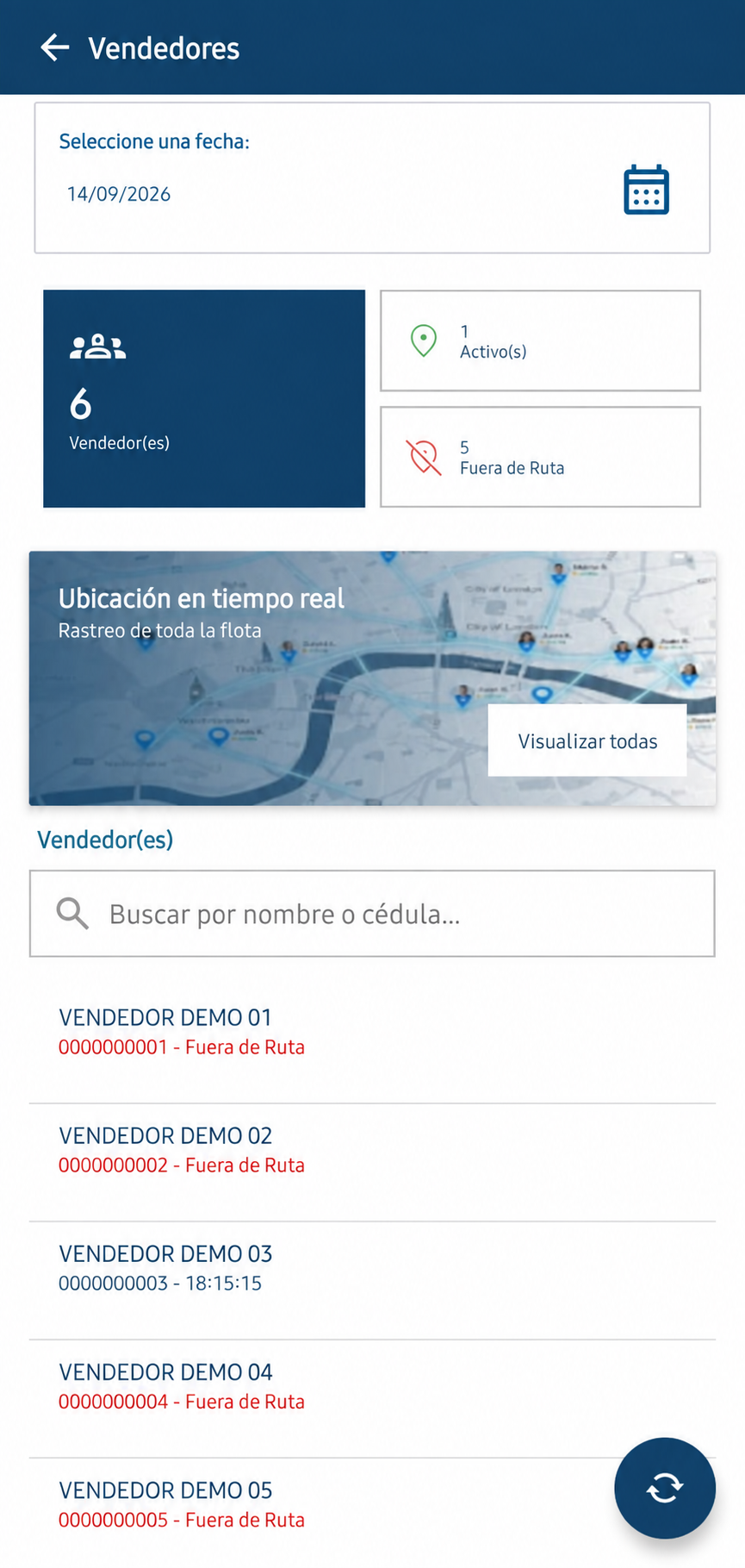 Seguimiento móvil de vendedores y estado de ruta